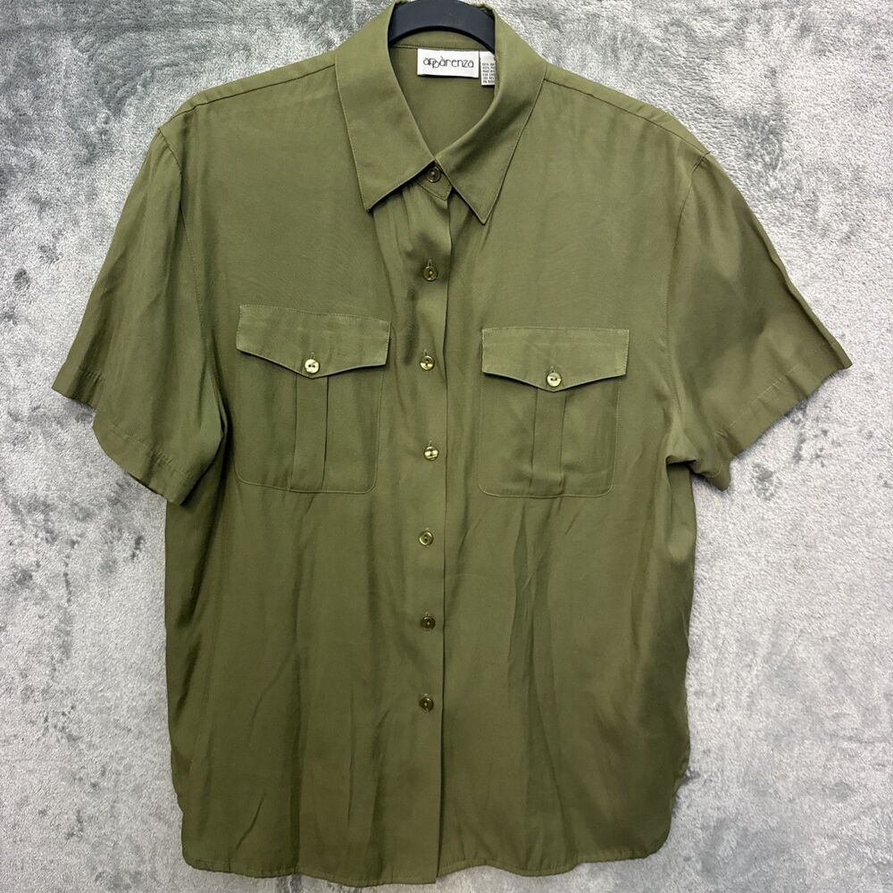 Apparenza blouse Lg Olive Green button up rayon blend tunic relaxed